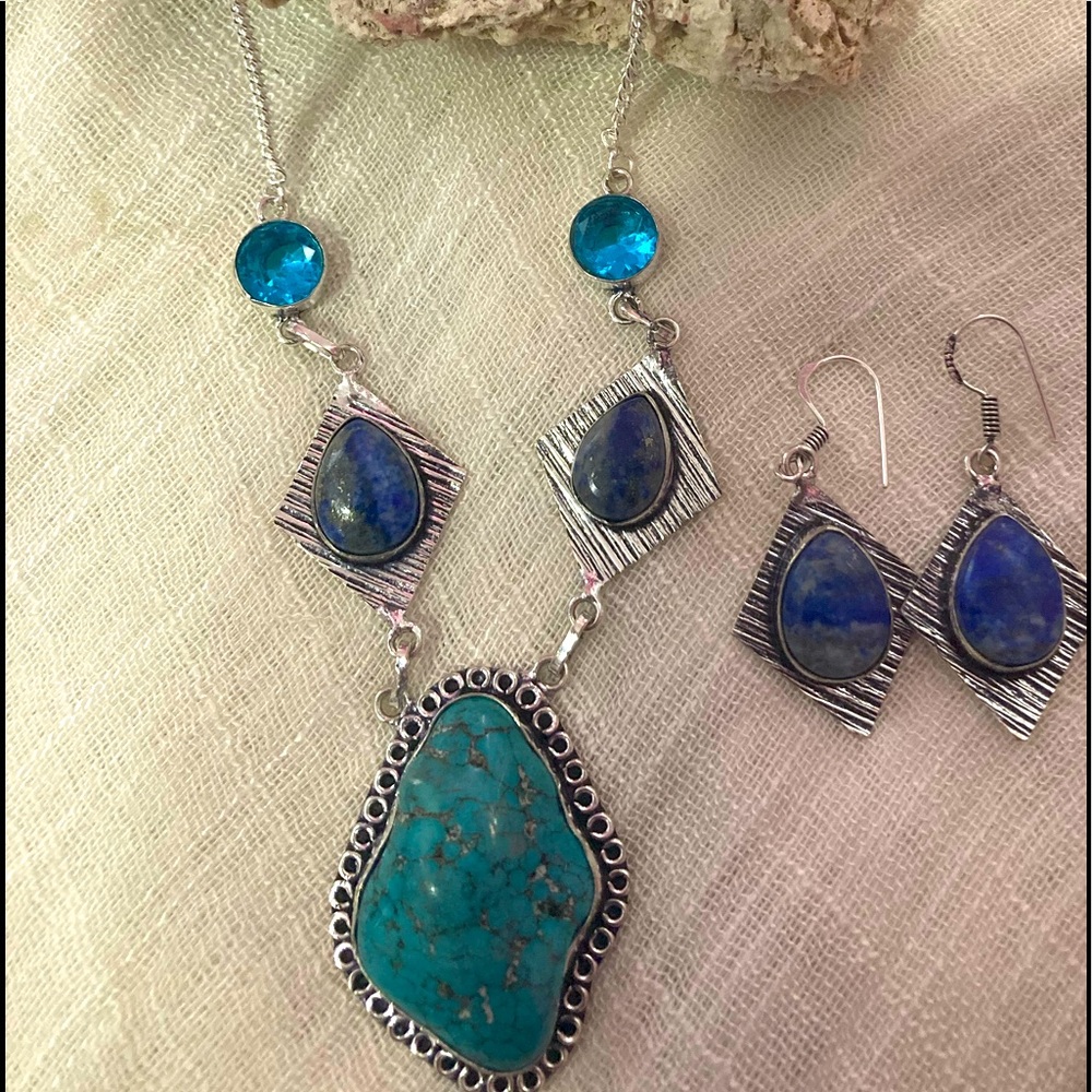 NEW Turquoise & Lapis Lazuli, 925 Silver Necklace & Earring Set